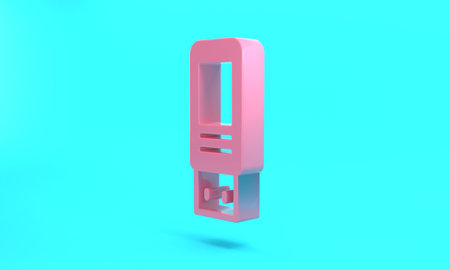 Pink USB flash drive icon isolated on turquoise blue background. Minimalism concept. 3D render illustrationの写真素材
