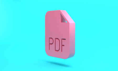 Pink PDF file document. Download pdf button icon isolated on turquoise blue background. PDF file symbol. Minimalism concept. 3D render illustrationの写真素材