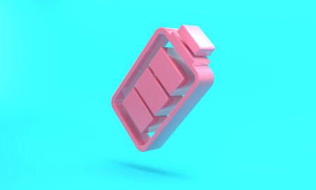 Pink Battery charge level indicator icon isolated on turquoise blue background. Minimalism concept. 3D render illustrationの写真素材