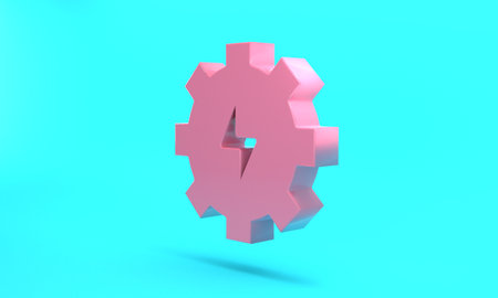 Pink Gear and lightning icon isolated on turquoise blue background. Electric power. Lightning bolt sign. Minimalism concept. 3D render illustrationの写真素材