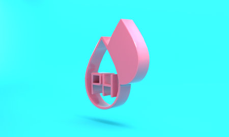 Pink Water drop icon isolated on turquoise blue background. Minimalism concept. 3D render illustrationの写真素材
