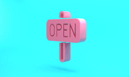 Pink Hanging sign with text Open door icon isolated on turquoise blue background. Minimalism concept. 3D render illustrationの写真素材