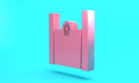 Pink Paper shopping bag icon isolated on turquoise blue background. Package sign. Minimalism...