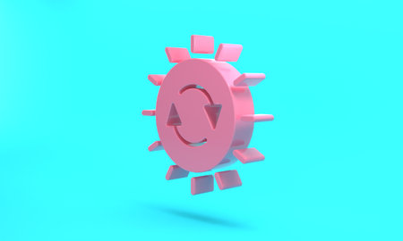 Pink Solar energy panel icon isolated on turquoise blue background. Sun with lightning symbol. Minimalism concept. 3D render illustrationの写真素材