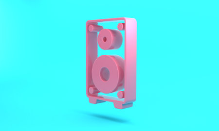 Pink Stereo speaker icon isolated on turquoise blue background. Sound system speakers. Music icon. Musical column speaker bass equipment. Minimalism concept. 3D render illustrationの写真素材