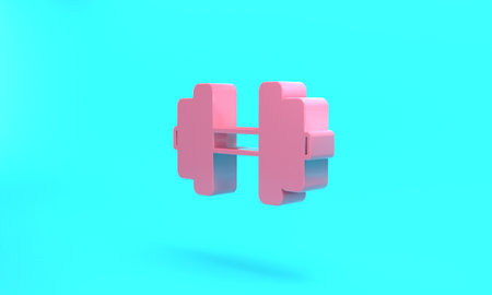 Pink Dumbbell icon isolated on turquoise blue background. Muscle lifting, fitness barbell, sports equipment. Minimalism concept. 3D render illustrationの写真素材