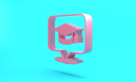 Pink Graduation cap in speech bubble icon isolated on turquoise blue background. Graduation hat with tassel icon. Minimalism concept. 3D render illustrationの写真素材