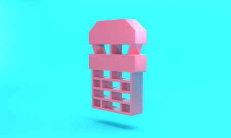Pink Chimney icon isolated on turquoise blue background. Minimalism concept. 3D render illustrationの写真素材