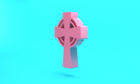 Pink Celtic cross icon isolated on turquoise blue background. Happy Saint Patricks day. National Irish holiday. Minimalism concept. 3D render illustrationの写真素材