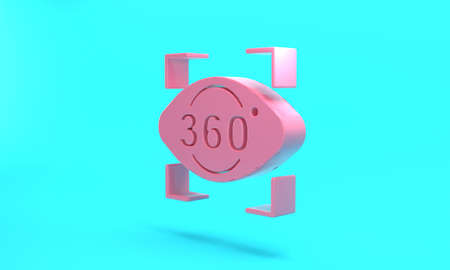 Pink 360 degree view icon isolated on turquoise blue background. Virtual reality. Angle 360 degree camera. Panorama photo. Minimalism concept. 3D render illustrationの写真素材