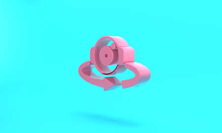 Pink 360 degree view icon isolated on turquoise blue background. Virtual reality. Angle 360 degree camera. Panorama photo. Minimalism concept. 3D render illustrationの写真素材