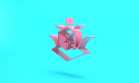 Pink 3d modeling icon isolated on turquoise blue background. Augmented reality or virtual reality. Minimalism concept. 3D render illustrationの写真素材