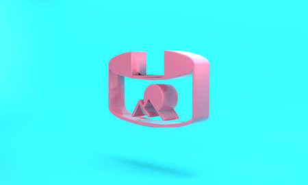 Pink 360 degree view icon isolated on turquoise blue background. Virtual reality. Angle 360 degree camera. Panorama photo. Minimalism concept. 3D render illustrationの写真素材