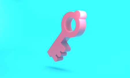 Pink Old magic key icon isolated on turquoise blue background. Minimalism concept. 3D render illustrationの写真素材