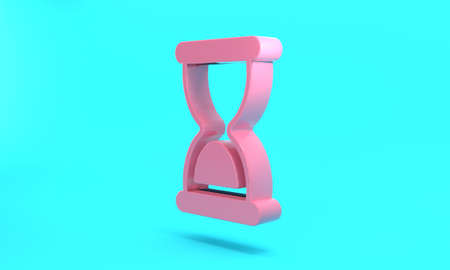 Pink Old hourglass with flowing sand icon isolated on turquoise blue background. Sand clock sign....