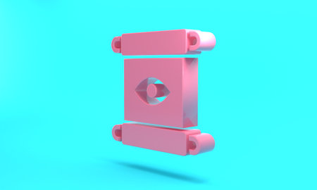 Pink Magic scroll icon isolated on turquoise blue background. Decree, paper, parchment, scroll icon. Minimalism concept. 3D render illustrationの写真素材