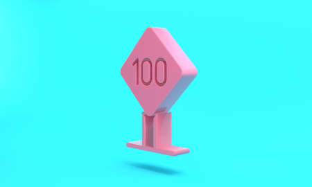 Pink Speed limit traffic sign 100 km icon isolated on turquoise blue background. Minimalism concept....
