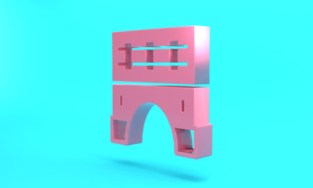 Pink Bridge for train icon isolated on turquoise blue background. Minimalism concept. 3D render illustrationの写真素材