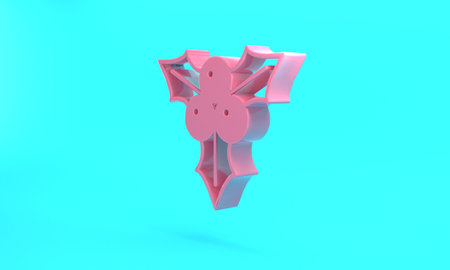 Pink Branch viburnum or guelder rose icon isolated on turquoise blue background. Merry Christmas and Happy New Year. Minimalism concept. 3D render illustrationの写真素材