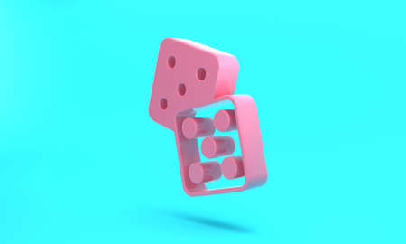 Pink Game dice icon isolated on turquoise blue background. Casino gambling. Minimalism concept. 3D render illustrationの写真素材