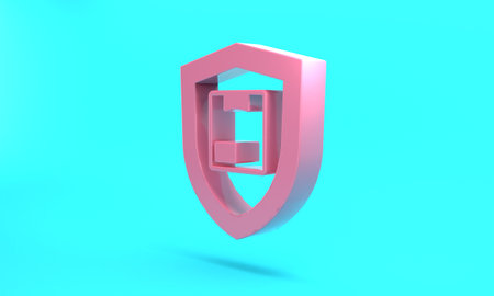 Pink Delivery security with shield icon isolated on turquoise blue background. Delivery insurance. Insured cardboard boxes beyond the shield. Minimalism concept. 3D render illustrationの写真素材