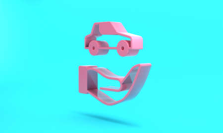 Pink Car insurance icon isolated on turquoise blue background. Insurance concept. Security, safety, protection, protect concept. Minimalism concept. 3D render illustrationの写真素材