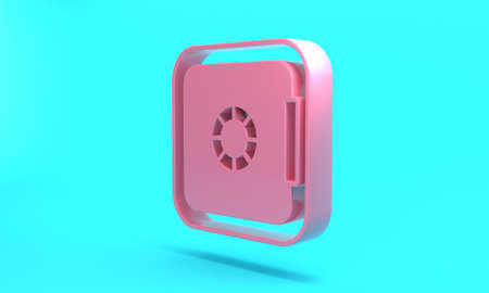 Pink Safe icon isolated on turquoise blue background. The door safe a bank vault with a combination lock. Reliable Data Protection. Minimalism concept. 3D render illustrationの写真素材