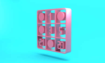 Pink Bingo card with lucky numbers icon isolated on turquoise blue background. Minimalism concept....