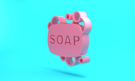 Pink Bar of soap icon isolated on turquoise blue background. Soap bar with bubbles. Minimalism concept. 3D render illustrationの写真素材