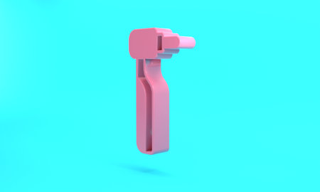 Pink Tooth drill icon isolated on turquoise blue background. Dental hand piece for drilling and...