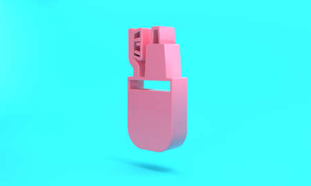 Pink Toothbrush and tube of toothpaste icon isolated on turquoise blue background. Disposable...