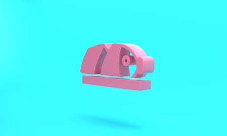 Pink Fish with sliced pieces with knife icon isolated on turquoise blue background. Minimalism...