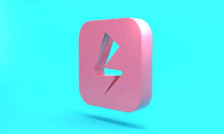 Pink Lightning bolt icon isolated on turquoise blue background. Flash sign. Charge flash icon. Thunder bolt. Lighting strike. Minimalism concept. 3D render illustrationの写真素材