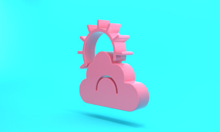 Pink Sun and cloud weather icon isolated on turquoise blue background. Minimalism concept. 3D render illustrationの写真素材
