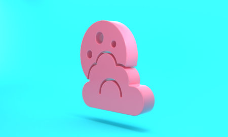 Pink Cloud with moon icon isolated on turquoise blue background. Cloudy night sign. Sleep dreams...
