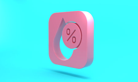Pink Water drop percentage icon isolated on turquoise blue background. Humidity analysis. Minimalism concept. 3D render illustrationの写真素材