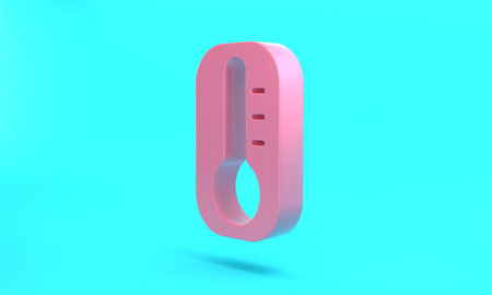 Pink Meteorology thermometer measuring heat and cold icon isolated on turquoise blue background. Thermometer equipment showing hot or cold weather. Minimalism concept. 3D render illustrationの写真素材
