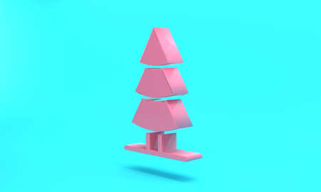 Pink Christmas tree icon isolated on turquoise blue background. Merry Christmas and Happy New Year. Minimalism concept. 3D render illustrationの写真素材