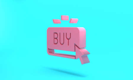 Pink Buy button icon isolated on turquoise blue background. Minimalism concept. 3D render illustrationの写真素材