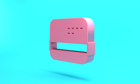 Pink Credit card icon isolated on turquoise blue background. Online payment. Cash withdrawal. Financial operations. Shopping sign. Minimalism concept. 3D render illustrationの写真素材