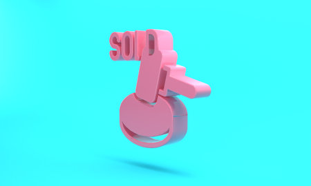 Pink Auction hammer icon isolated on turquoise blue background. Gavel - hammer of judge or auctioneer. Bidding process, deal done. Auction bidding. Minimalism concept. 3D render illustrationの写真素材