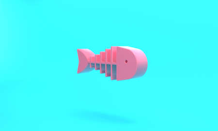 Pink Fish skeleton icon isolated on turquoise blue background. Fish bone sign. Minimalism concept. 3D render illustrationの写真素材