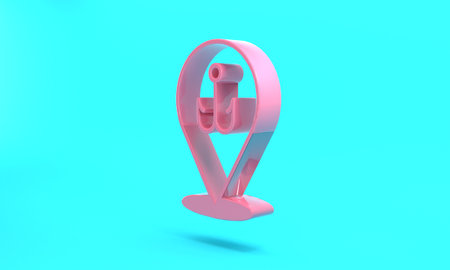 Pink Fishing hook icon isolated on turquoise blue background. Fishing tackle. Minimalism concept. 3D render illustrationの写真素材