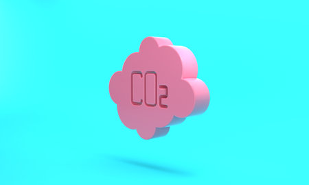 Pink CO2 emissions in cloud icon isolated on turquoise blue background. Carbon dioxide formula, smog pollution concept, environment concept. Minimalism concept. 3D render illustrationの写真素材