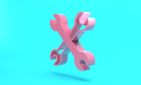 Pink Wrench spanner icon isolated on turquoise blue background. Spanner repair tool. Service tool symbol. Minimalism concept. 3D render illustrationの写真素材