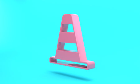 Pink Traffic cone icon isolated on turquoise blue background. Minimalism concept. 3D render illustrationの写真素材