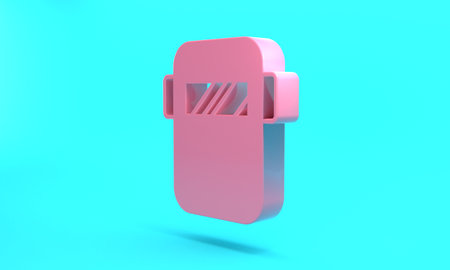 Pink Protective welding mask helmet icon isolated on turquoise blue background. Protective clothing and tool worker. Minimalism concept. 3D render illustrationの写真素材