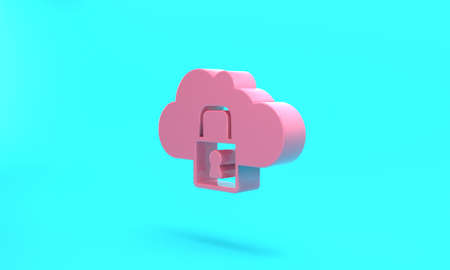 Pink Cloud computing lock icon isolated on turquoise blue background. Security, safety, protection concept. Protection of personal data. Minimalism concept. 3D render illustrationの写真素材