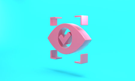 Pink Eye scan icon isolated on turquoise blue background. Scanning eye. Security check symbol. Cyber eye sign. Minimalism concept. 3D render illustrationの写真素材