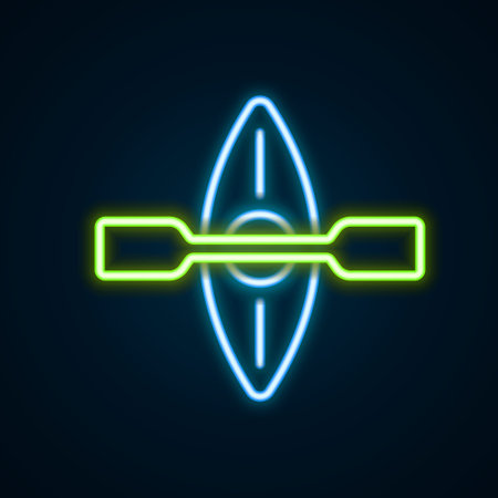 Glowing neon line Kayak and paddle icon isolated on black background. Kayak and canoe for fishing and tourism. Outdoor activities. Colorful outline concept. Vectorのイラスト素材